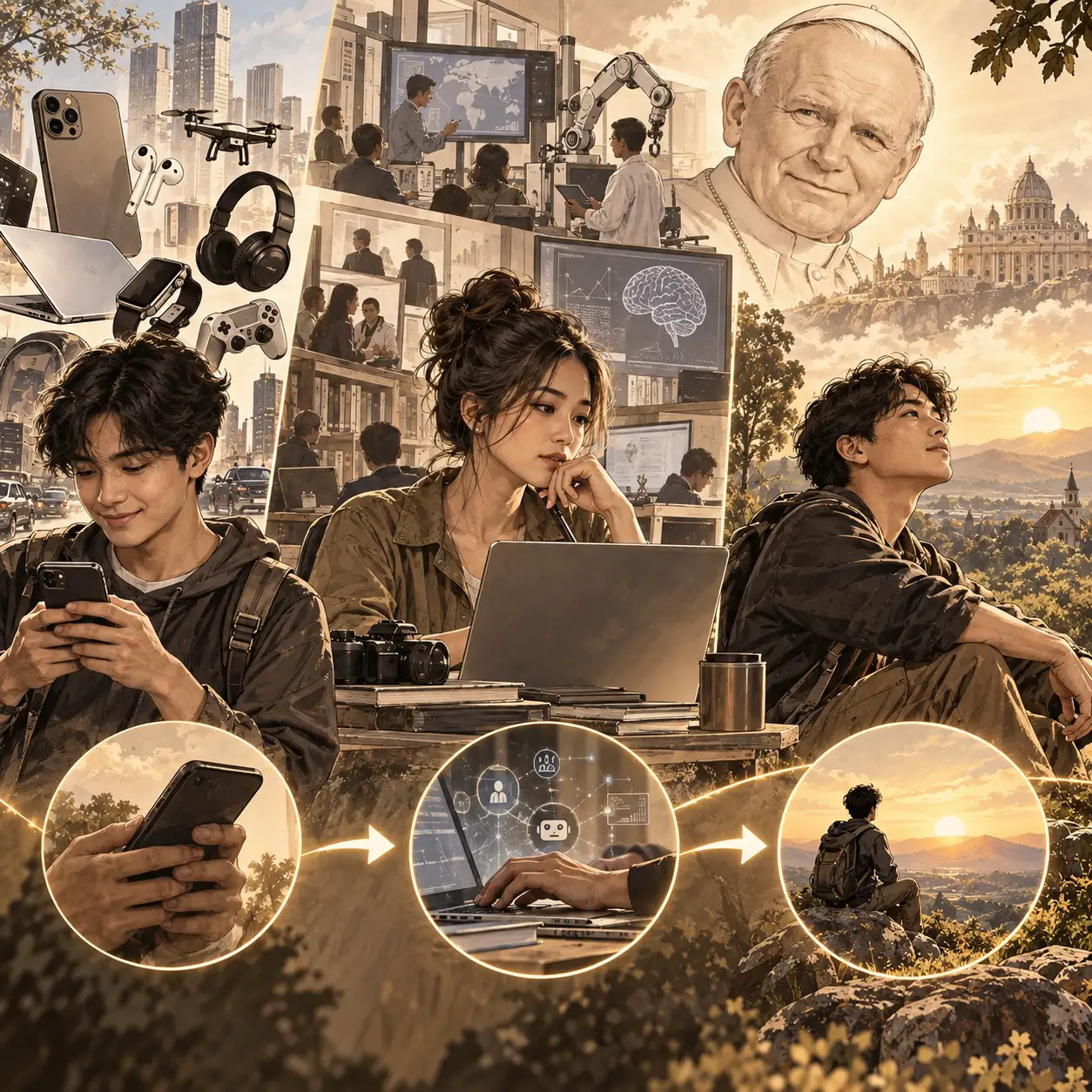 Ilustrasi Cultura di Vita tentang teknologi, AI, manusia, dan perjalanan dari having dan doing menuju being